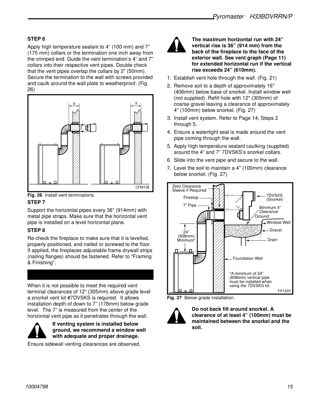 Vermont Casting H33BDVRRNP manual Below Grade Installations, 7DVSKS 