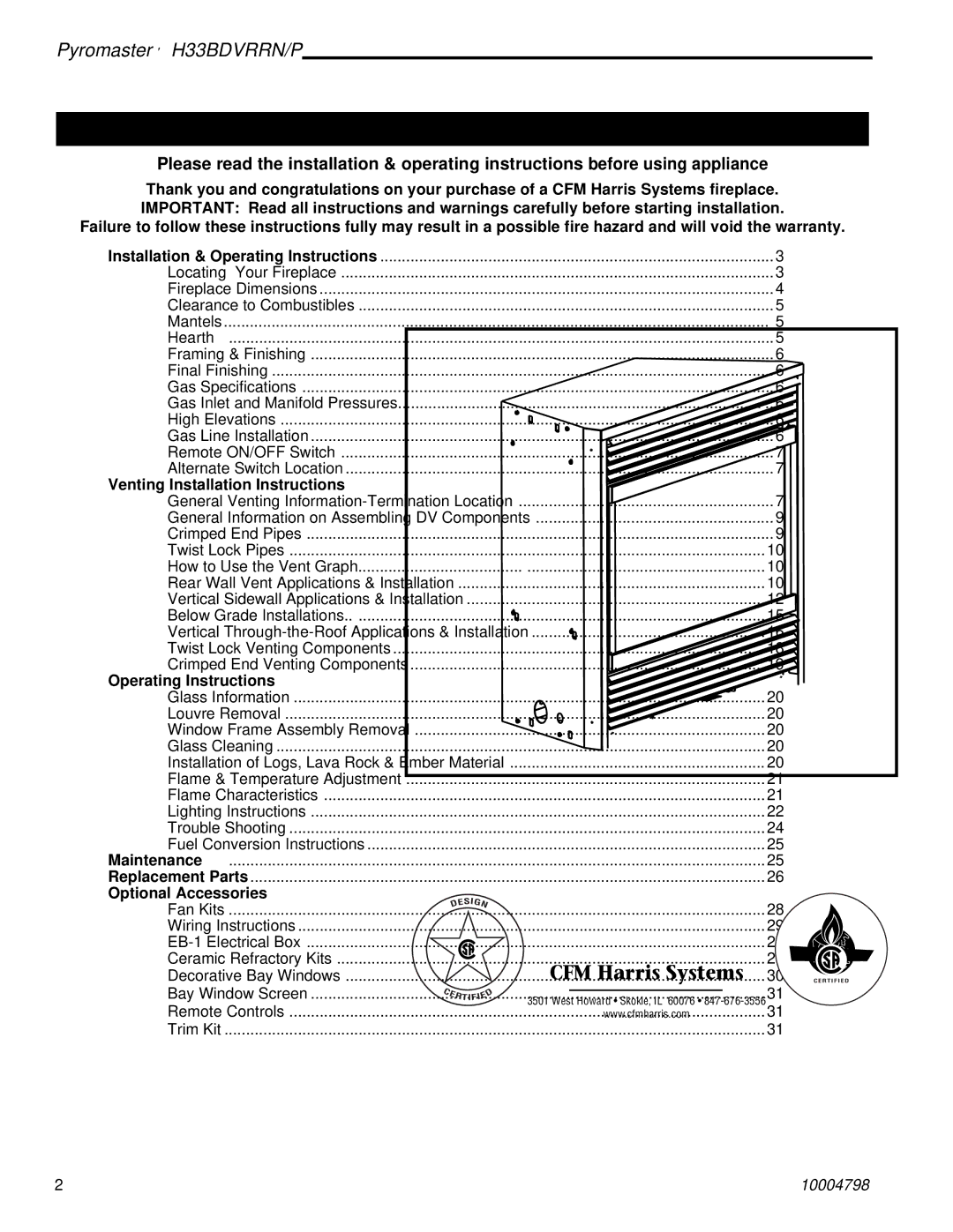 Vermont Casting H33BDVRRNP manual Table of Contents 