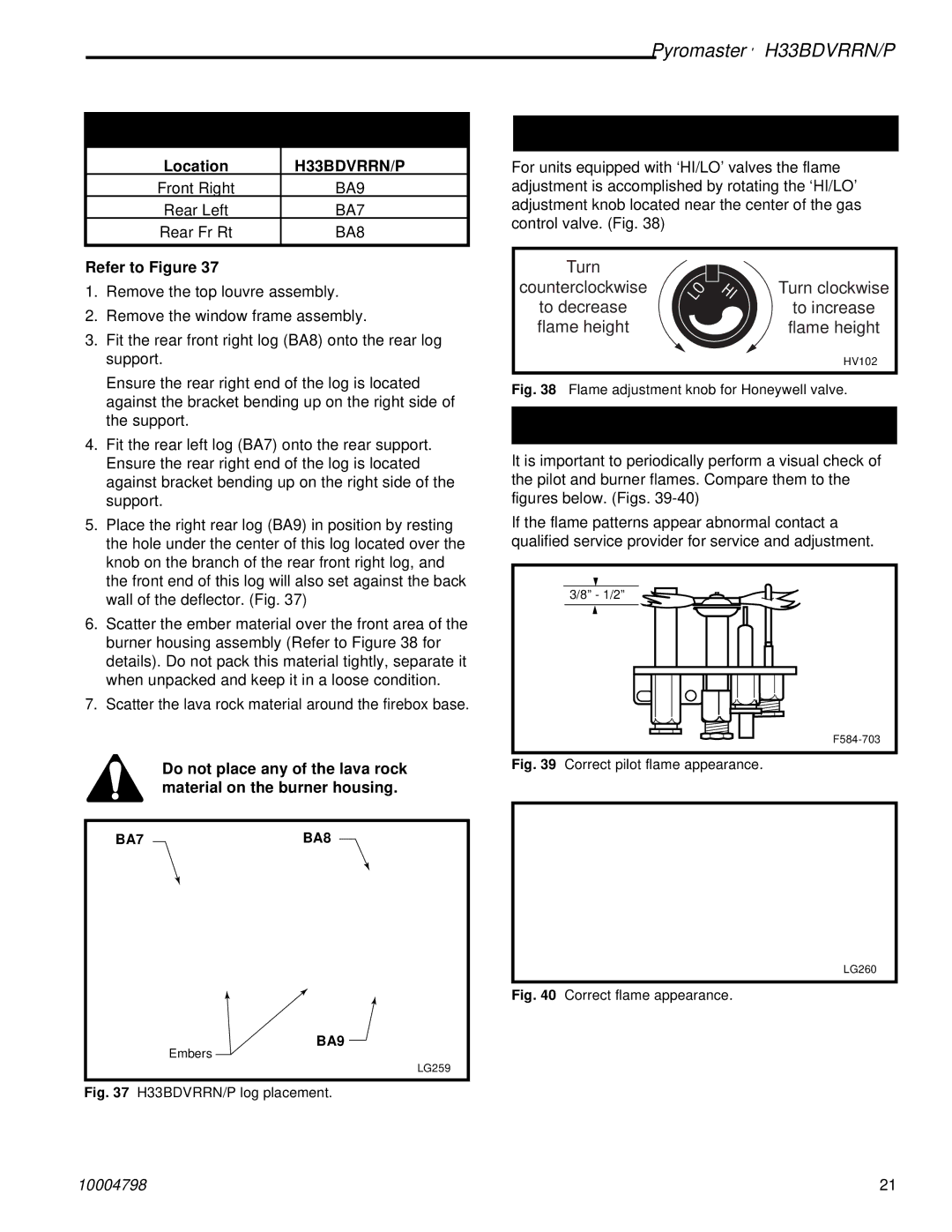 Vermont Casting H33BDVRRN manual Log Identification Chart, Flame & Temperature Adjustment, Flame Characteristics, Location 