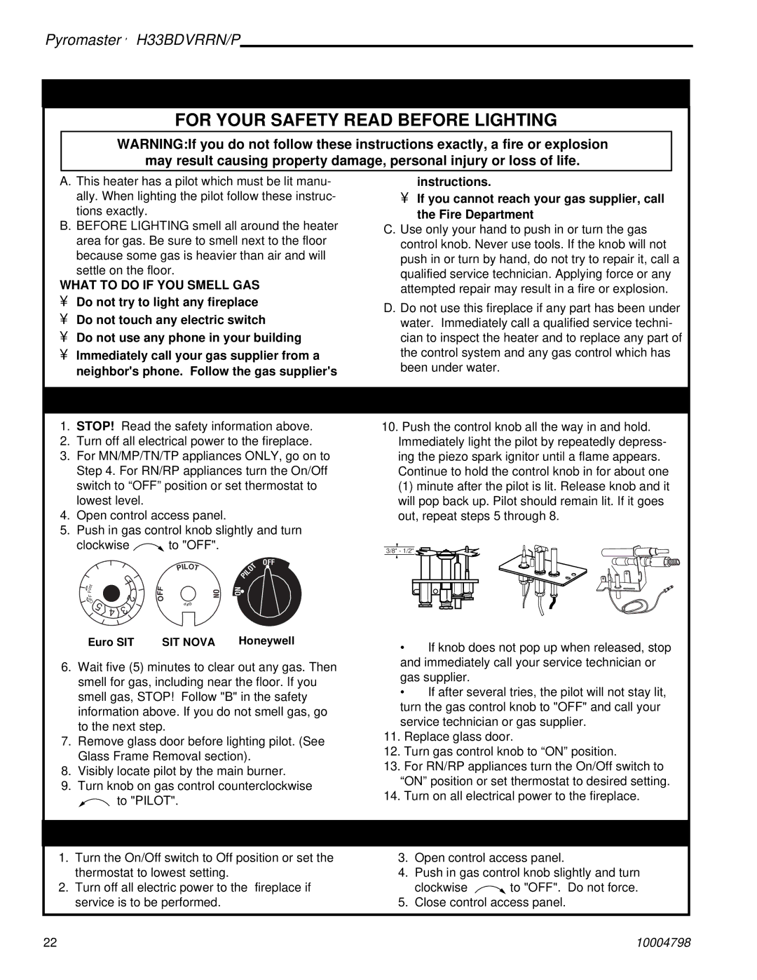 Vermont Casting H33BDVRRNP manual Lighting And Operating Instructions, To Turn Off Gas To Heater 