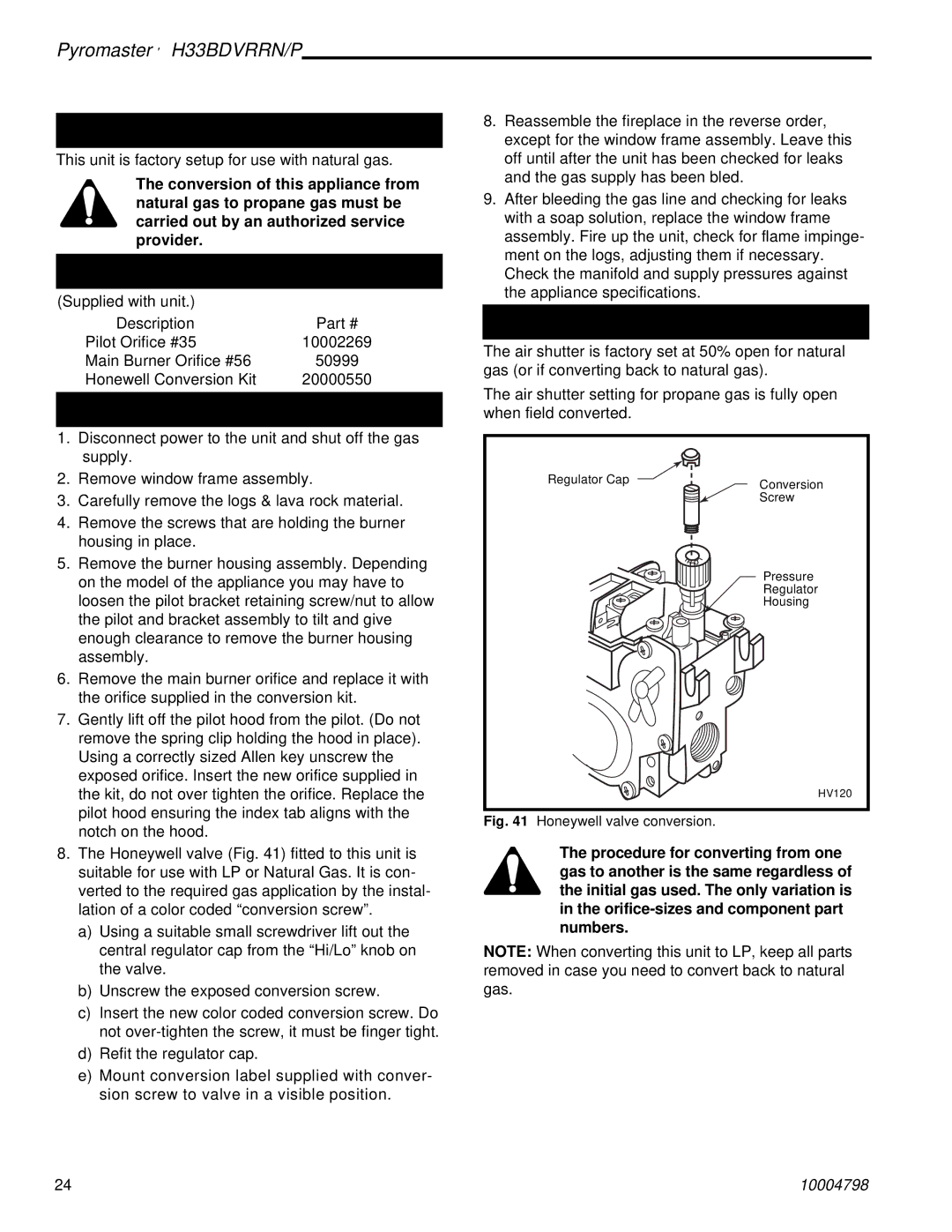 Vermont Casting H33BDVRRNP manual Fuel Conversion Instructions, LP Conversion Kit Components, LP Conversion Procedure 