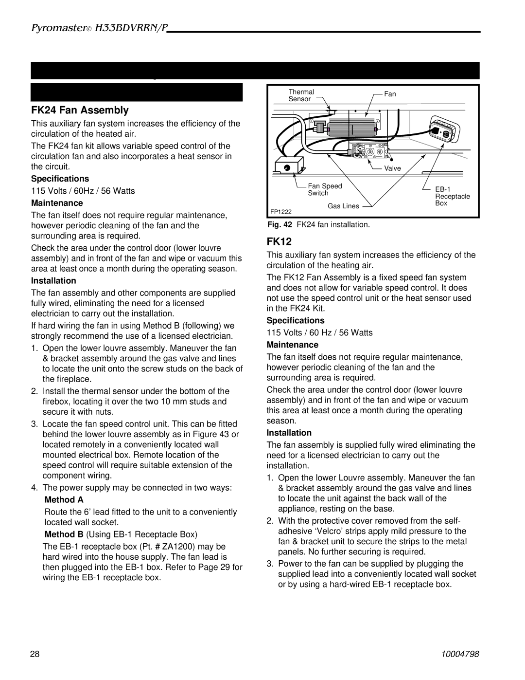 Vermont Casting H33BDVRRNP manual Optional Accessories Available, Fan Kits, Specifications, Maintenance, Method a 