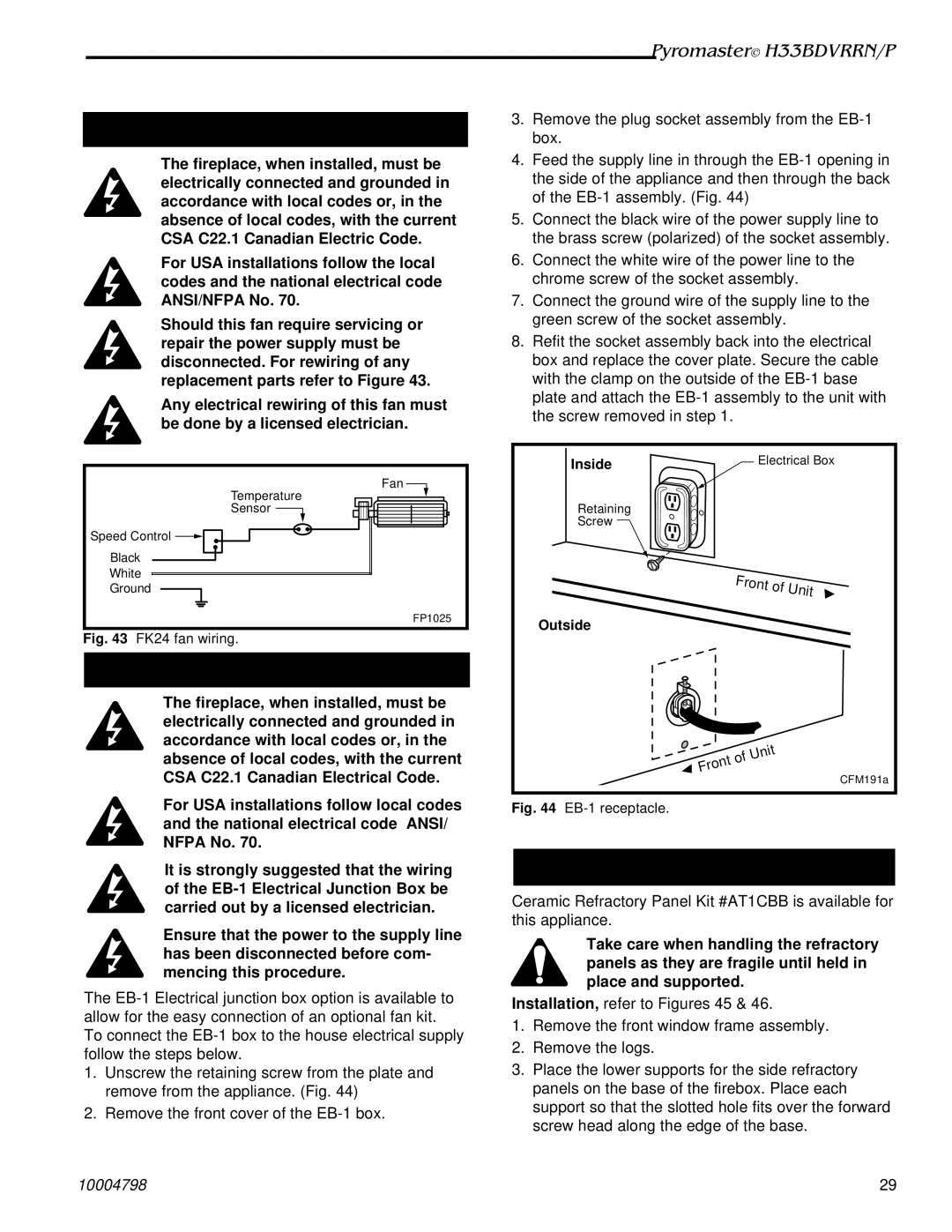 Vermont Casting H33BDVRRNP manual Wiring Instructions, EB-1 Electrical Box, Ceramic Refractory Kits 