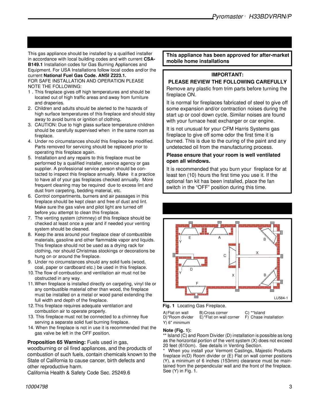 Vermont Casting H33BDVRRNP manual Installation & Operating Instructions, Locating Your Fireplace 