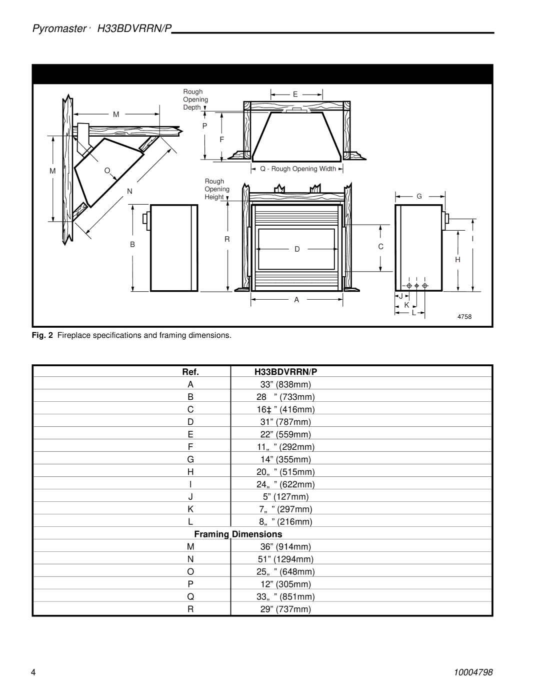 Vermont Casting H33BDVRRNP manual Fireplace Dimensions, Framing Dimensions 