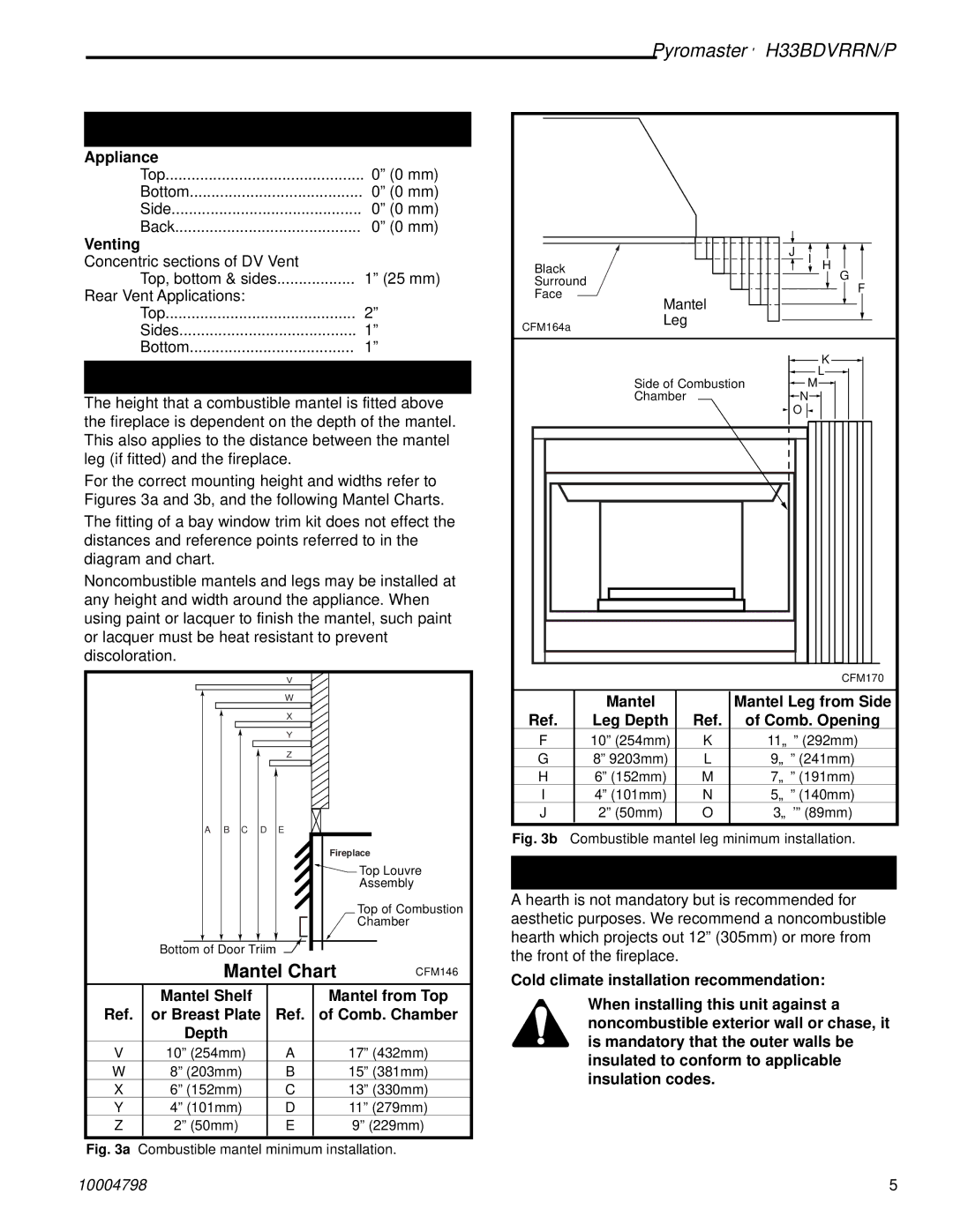 Vermont Casting H33BDVRRNP manual Clearance to Combustibles, Mantels, Hearth 