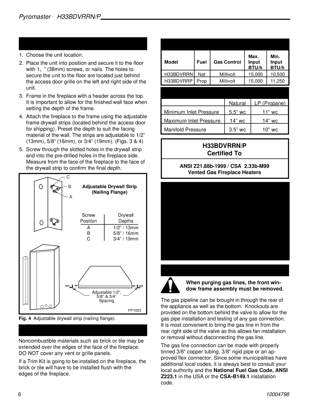 Vermont Casting H33BDVRRNP Framing and Finishing, Final Finishing, Gas Specifications, Gas Inlet and Manifold Pressures 