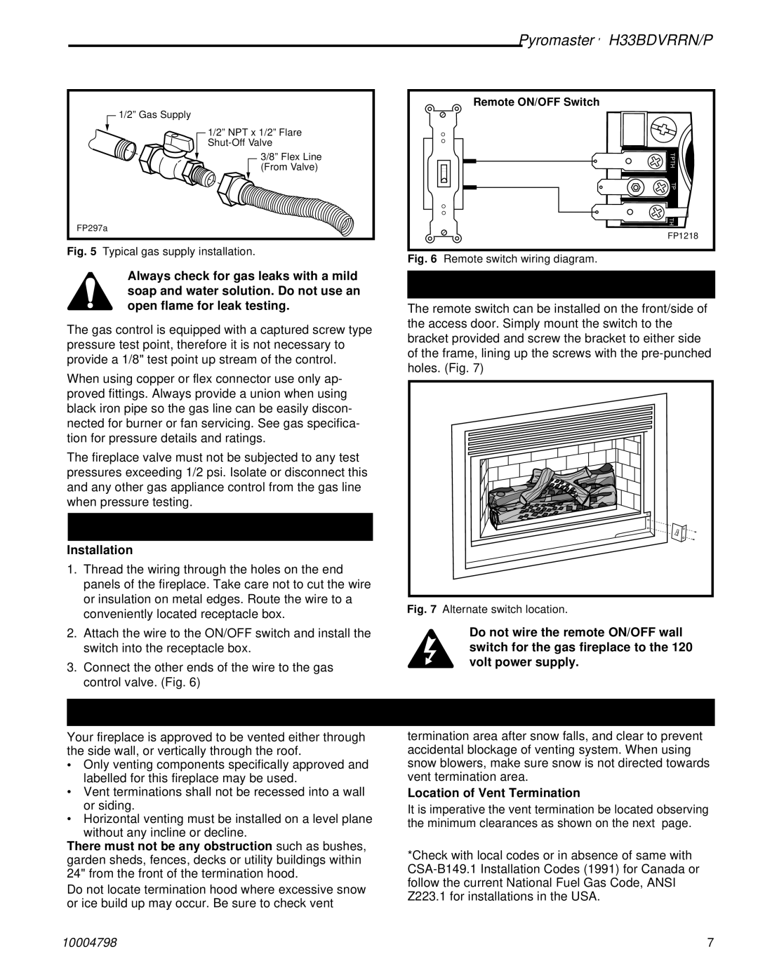 Vermont Casting H33BDVRRN Remote ON/OFF Switch, Alternate Switch Location, Installation, Location of Vent Termination 