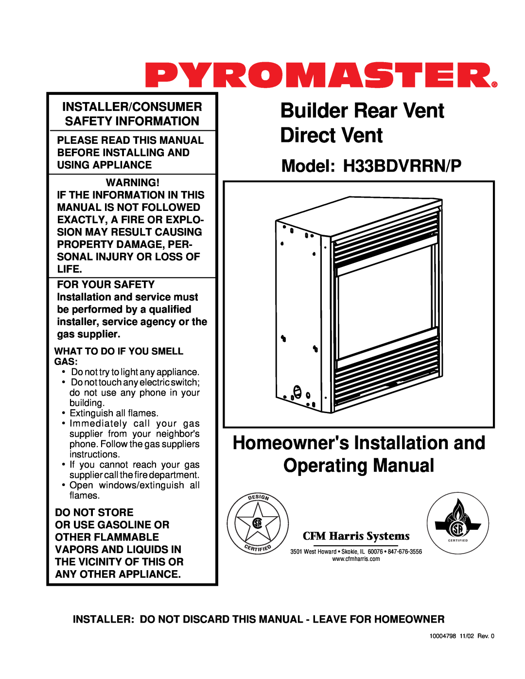 Vermont Casting H33BDVRRNP manual Builder Rear Vent Direct Vent, CFM Harris Systems, Model H33BDVRRN/P 