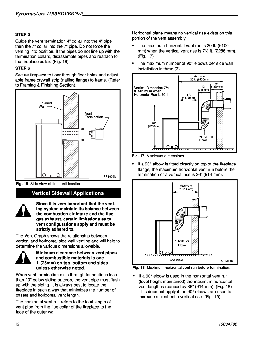 Vermont Casting H33BDVRRNP manual Vertical Sidewall Applications, Pyromaster H33BDVRRN/P, Step, 10004798 