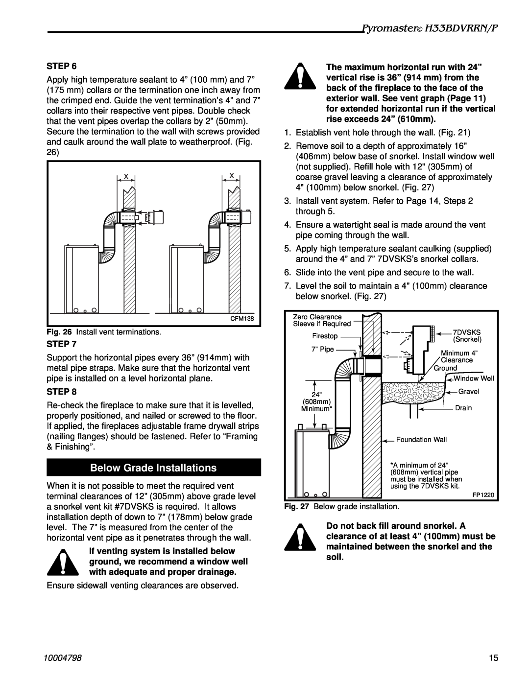 Vermont Casting H33BDVRRNP manual Below Grade Installations, Pyromaster H33BDVRRN/P, Step, 10004798 