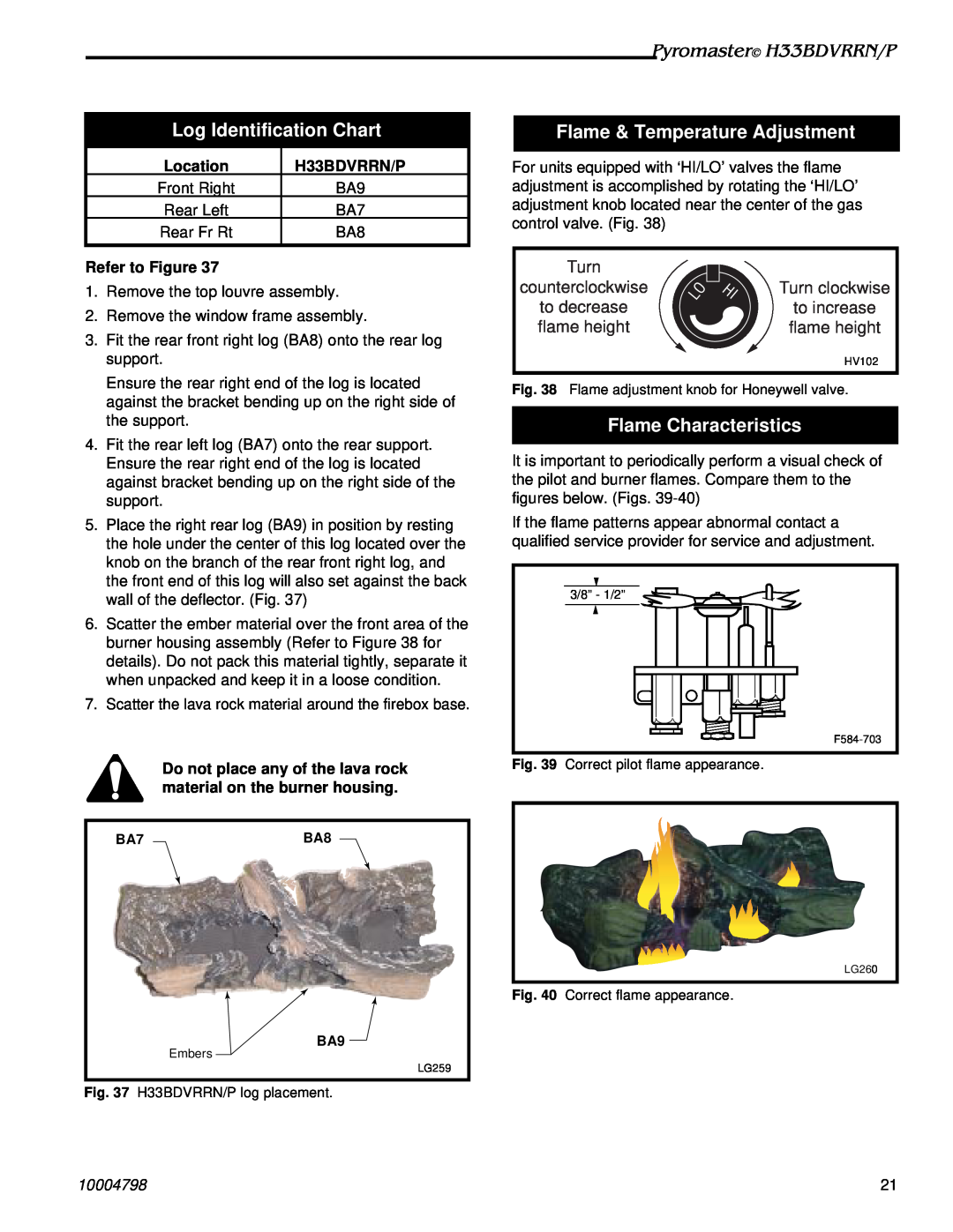 Vermont Casting H33BDVRRN Log Identification Chart, Flame & Temperature Adjustment, Flame Characteristics, Turn, Location 