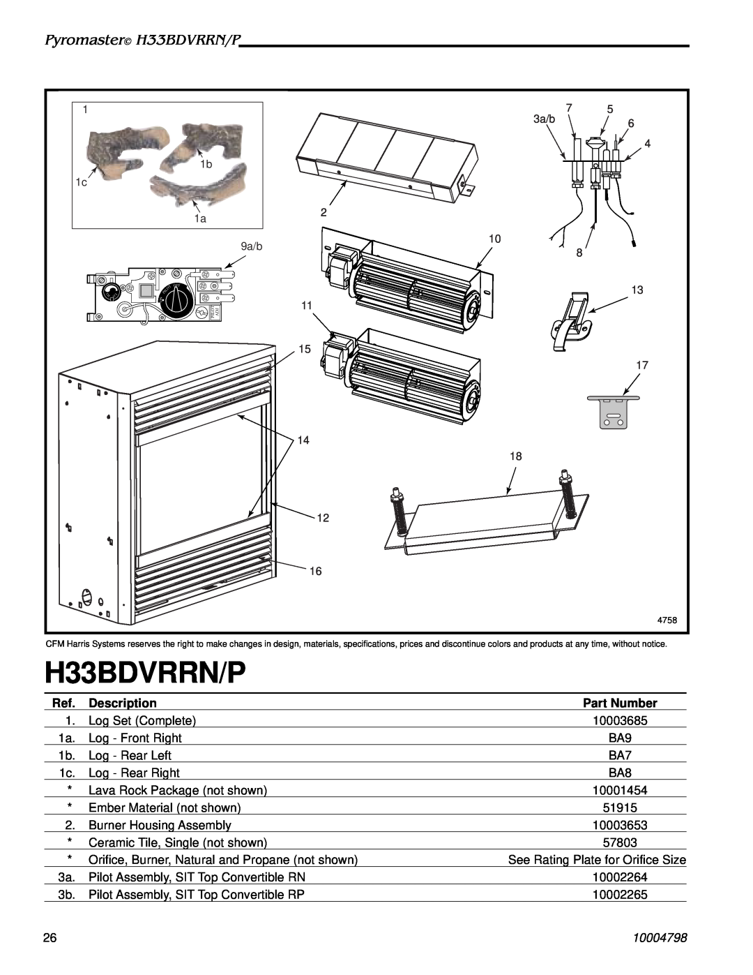 Vermont Casting H33BDVRRNP manual Pyromaster H33BDVRRN/P, Description, Part Number, 10004798 