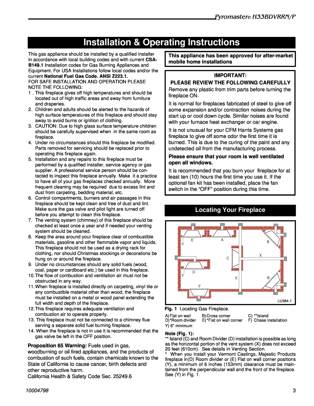 Vermont Casting manual Installation & Operating Instructions, Locating Your Fireplace, Pyromaster H33BDVRRN/P, 10004798 