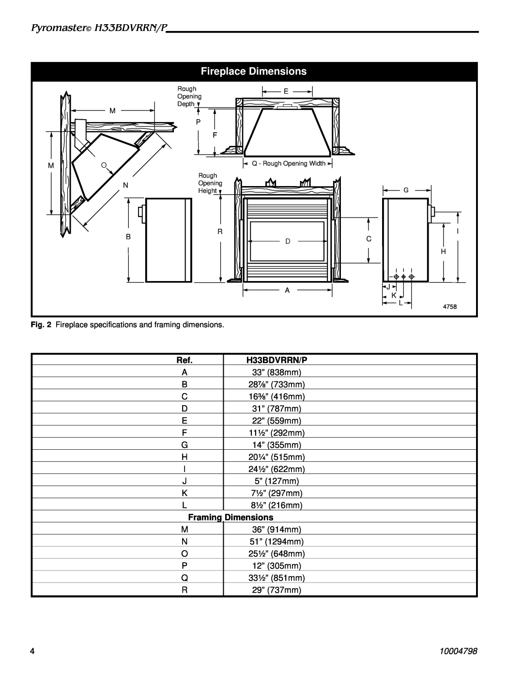 Vermont Casting H33BDVRRNP manual Fireplace Dimensions, Pyromaster H33BDVRRN/P, Framing Dimensions, 10004798 