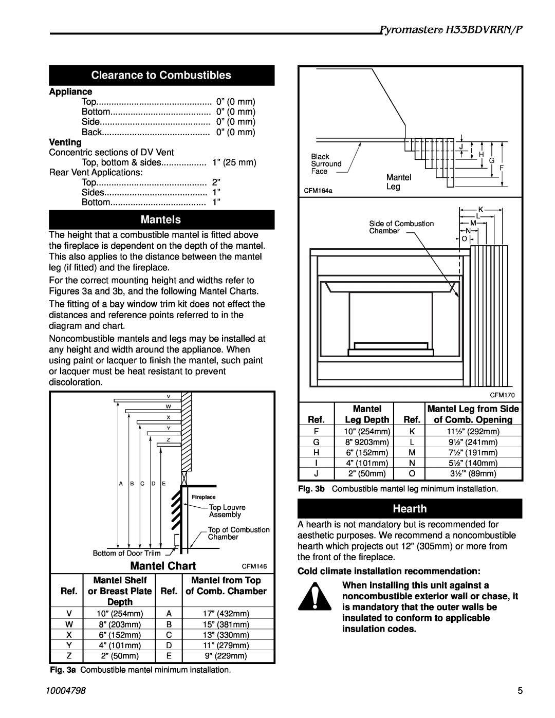 Vermont Casting manual Clearance to Combustibles, Mantels, Hearth, Pyromaster H33BDVRRN/P, Appliance, Venting, Leg Depth 
