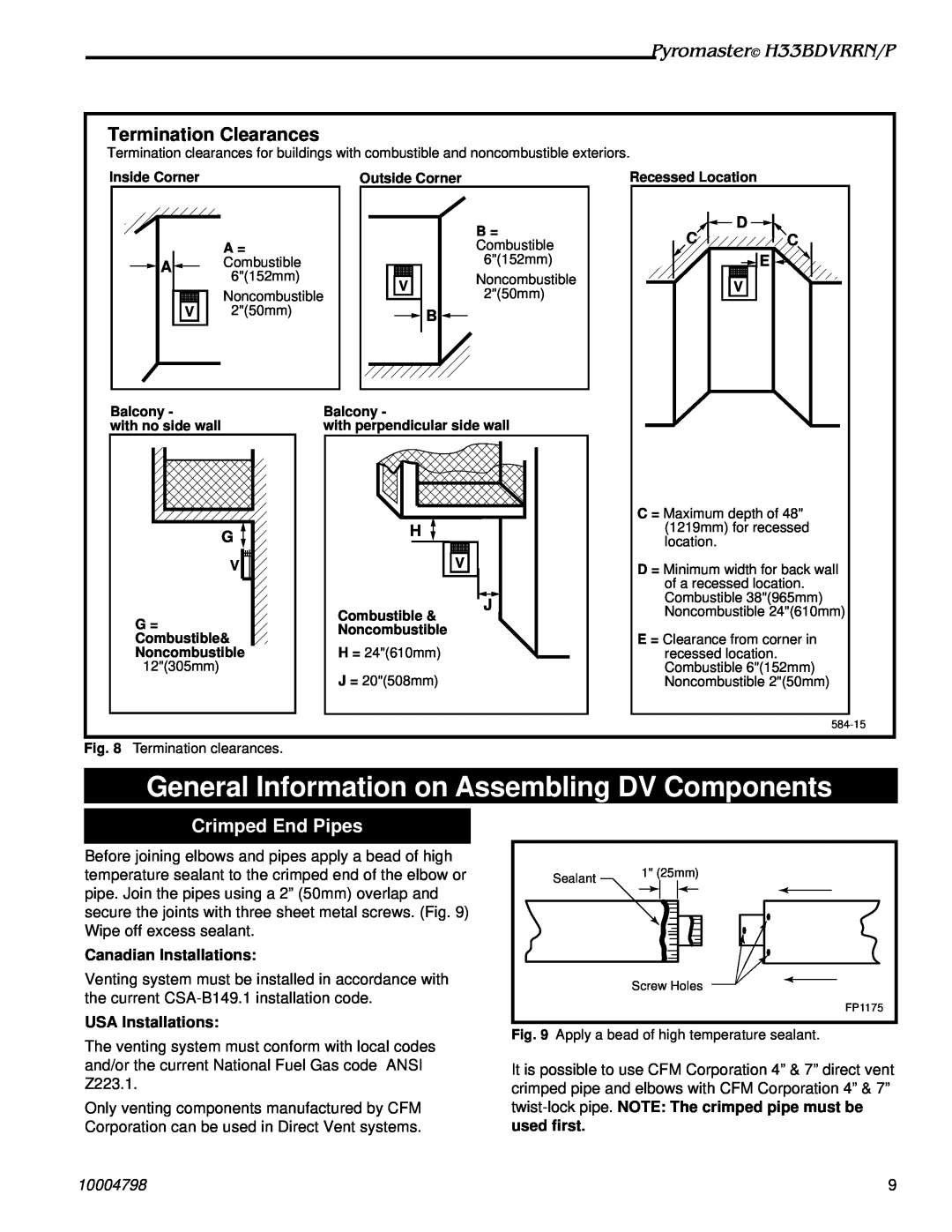 Vermont Casting General Information on Assembling DV Components, Crimped End Pipes, Pyromaster H33BDVRRN/P, D Cc E 