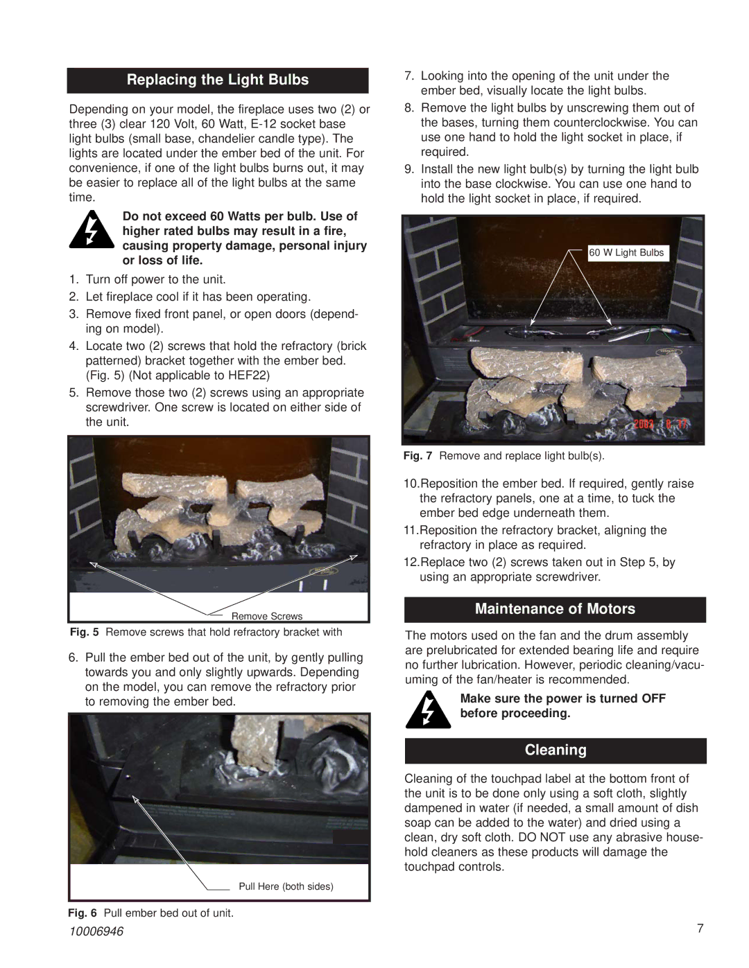 Vermont Casting HEF22 installation instructions Replacing the Light Bulbs, Maintenance of Motors, Cleaning 