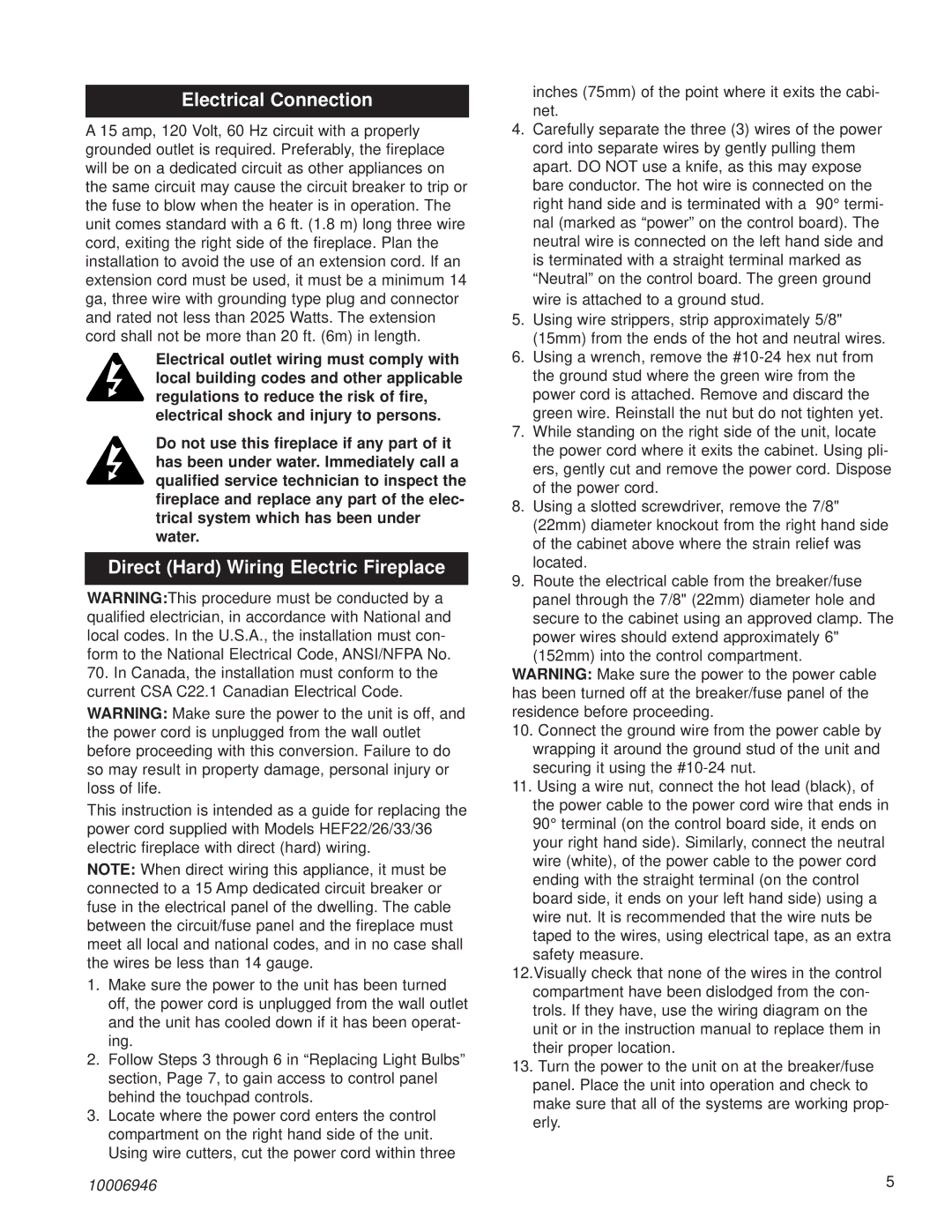 Vermont Casting HEF26, HEF36, HEF33 installation instructions Electrical Connection, Direct Hard Wiring Electric Fireplace 