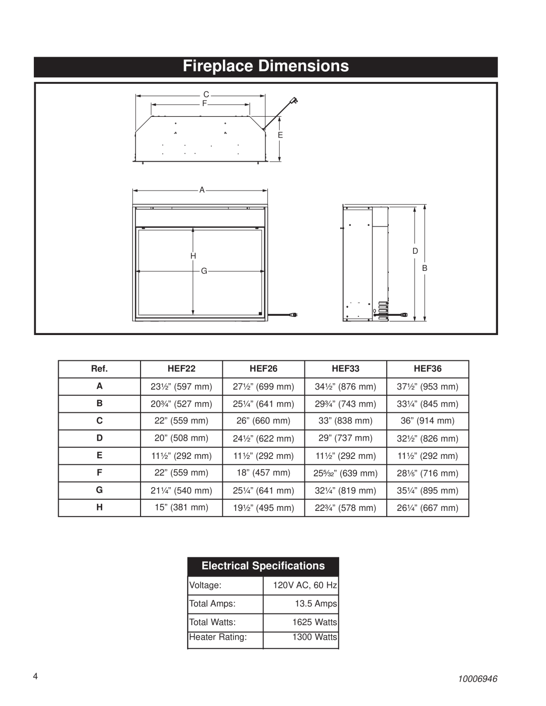 Vermont Casting HEF33 Fireplace Dimensions, Electrical Specifications, HEF22, HEF26, HEF36, 10006946 