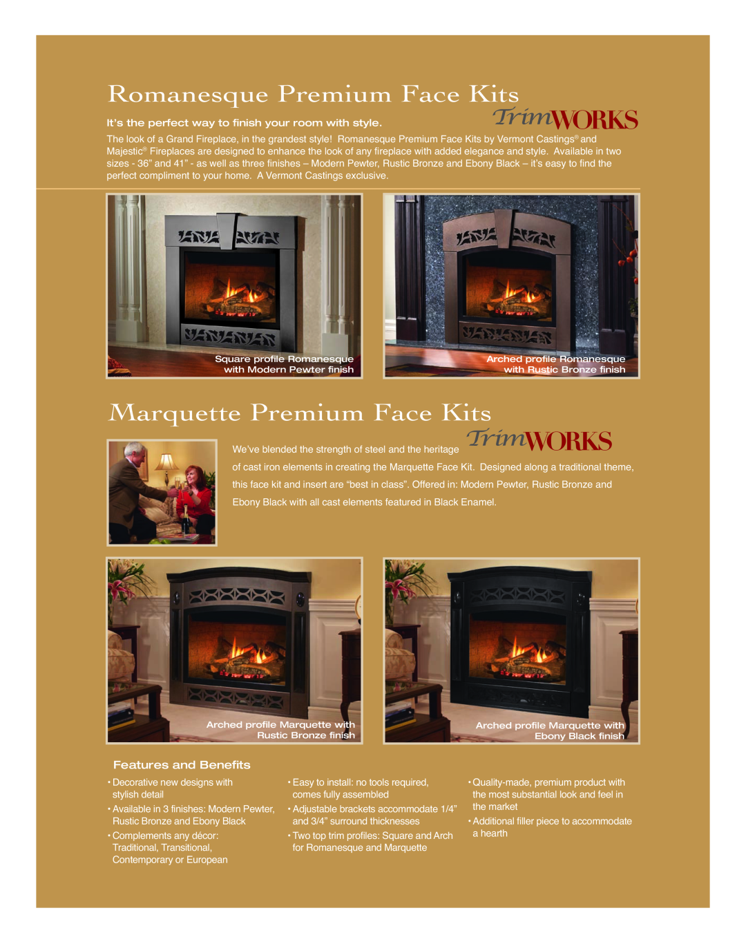 Vermont Casting HG004 manual Romanesque Premium Face Kits, Marquette Premium Face Kits, Features and Benefits 