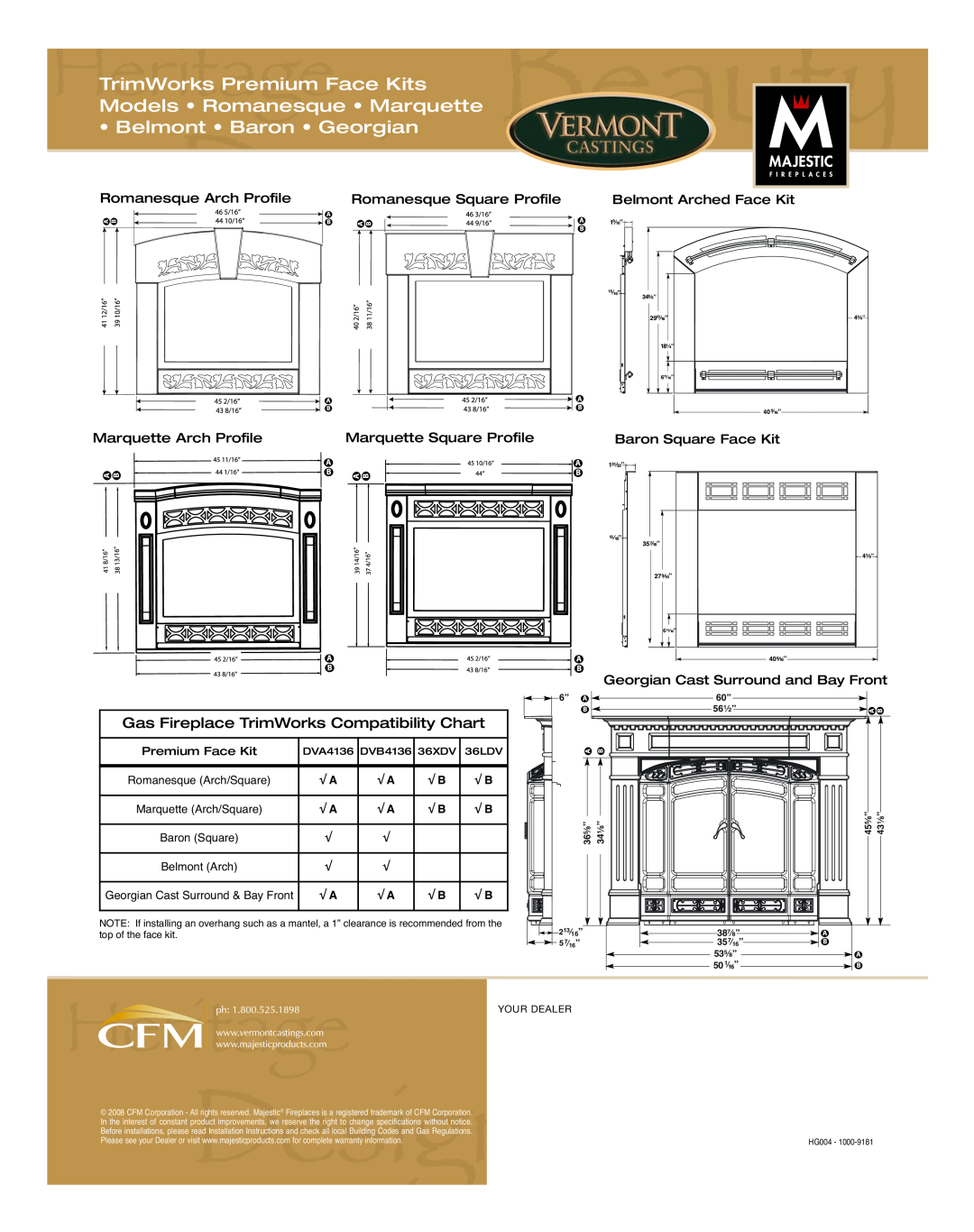 Vermont Casting HG004 manual 35d”16, TrimWorks Premium Face Kits, Models Romanesque Marquette, Belmont Baron Georgian 
