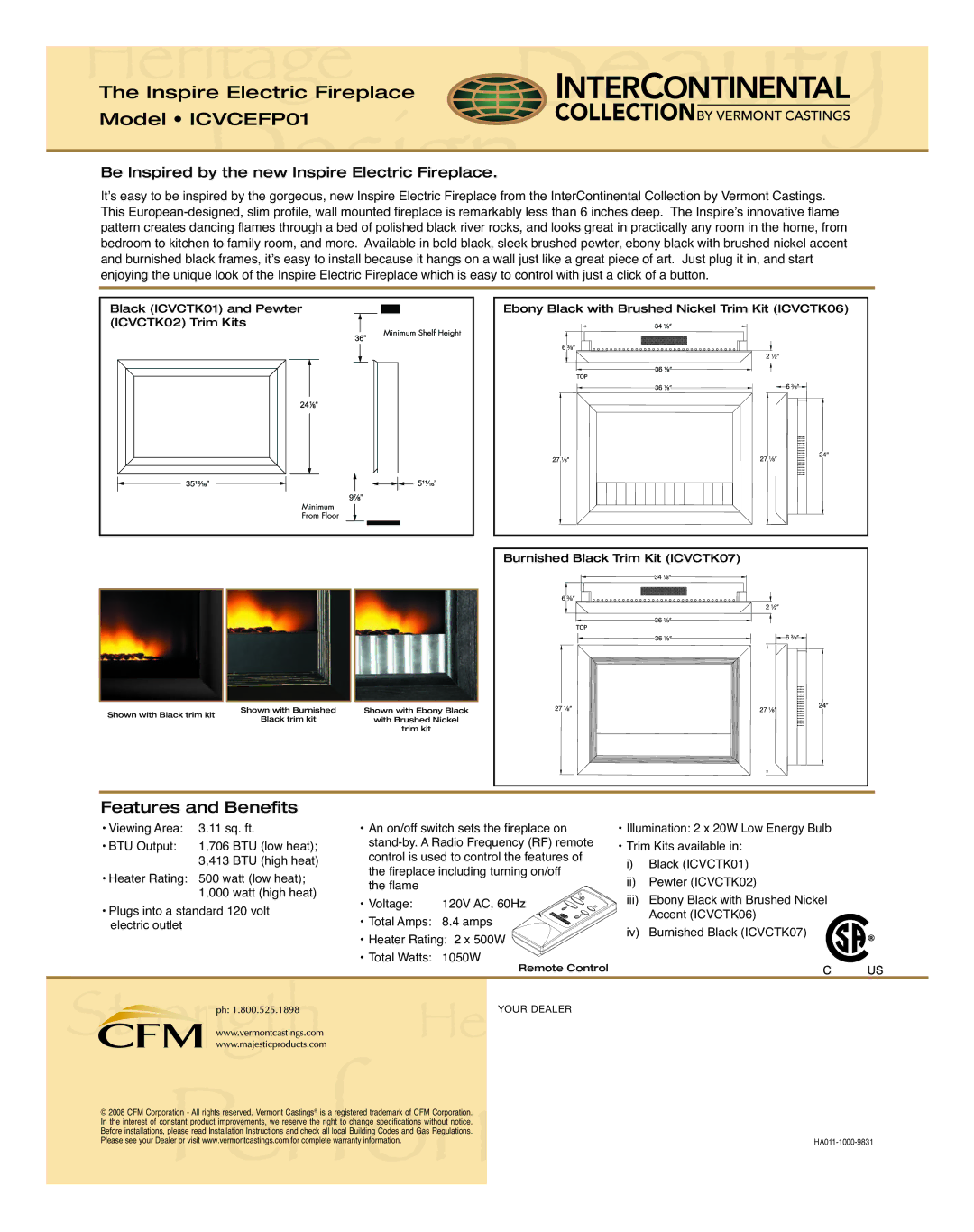 Vermont Casting manual Inspire Electric Fireplace Model ICVCEFP01, Features and Benefits 