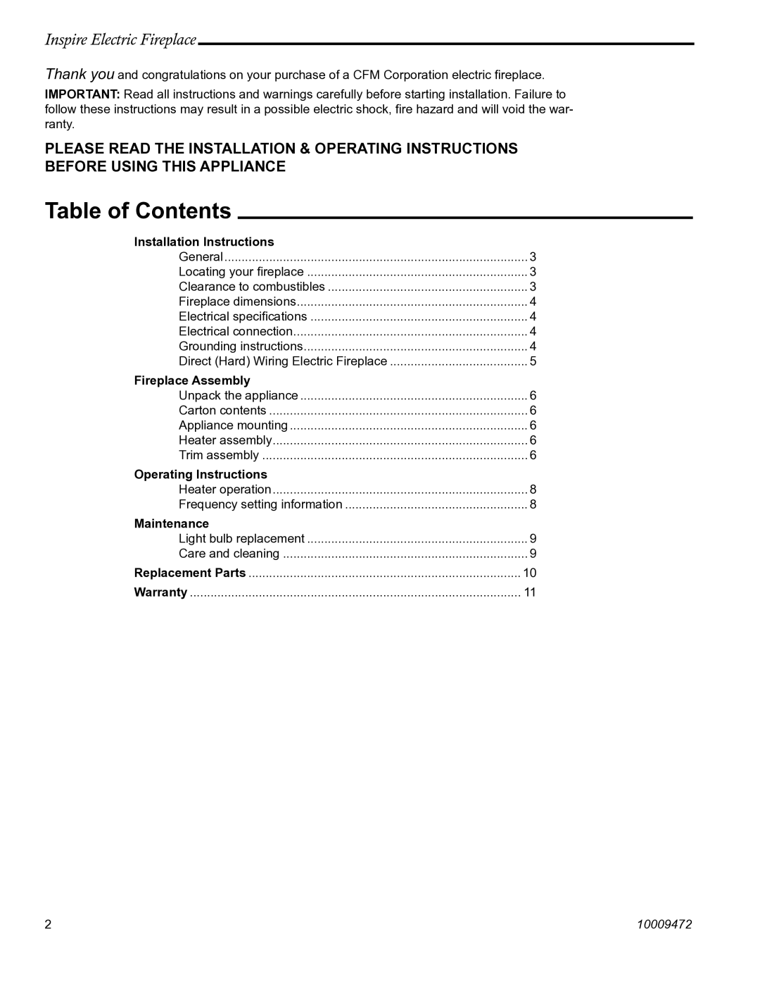 Vermont Casting ICVCTK02, ICVCTK01 manual Table of Contents 