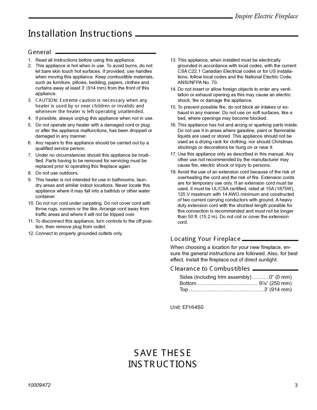 Vermont Casting ICVCTK01, ICVCTK02 Installation Instructions, General, Locating Your Fireplace, Clearance to Combustibles 