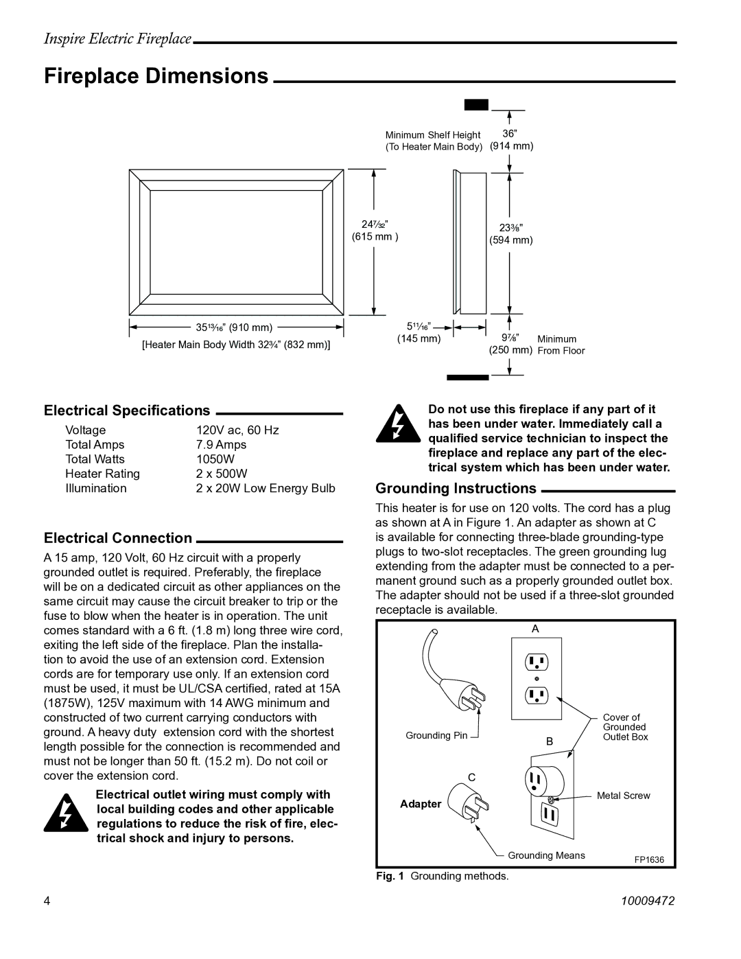 Vermont Casting ICVCTK02 Fireplace Dimensions, Electrical Speciﬁcations, Electrical Connection, Grounding Instructions 