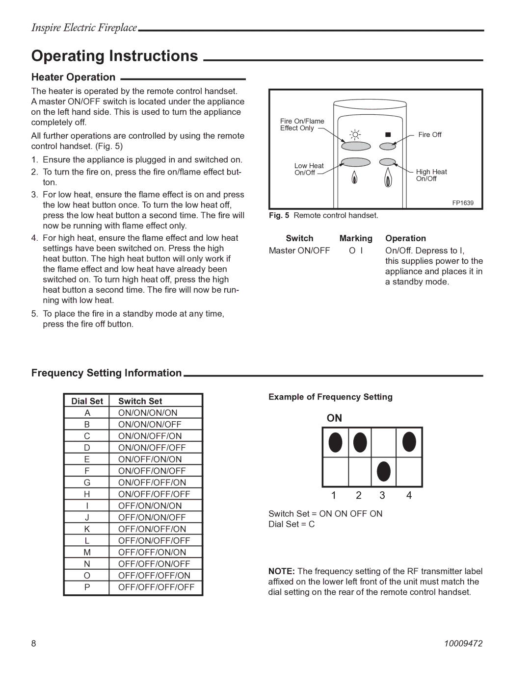 Vermont Casting ICVCTK02, ICVCTK01 manual Operating Instructions, Heater Operation, Frequency Setting Information 