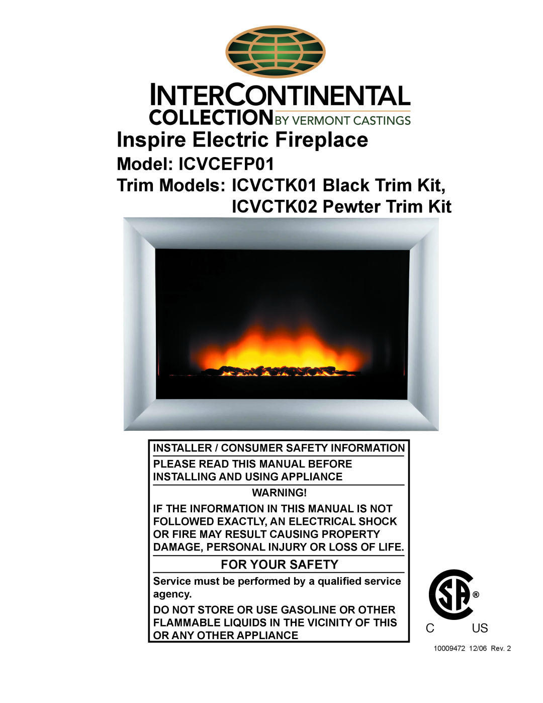 Vermont Casting ICVCTK02 manual Inspire Electric Fireplace, Model ICVCEFP01, Trim Models ICVCTK01 Black Trim Kit 