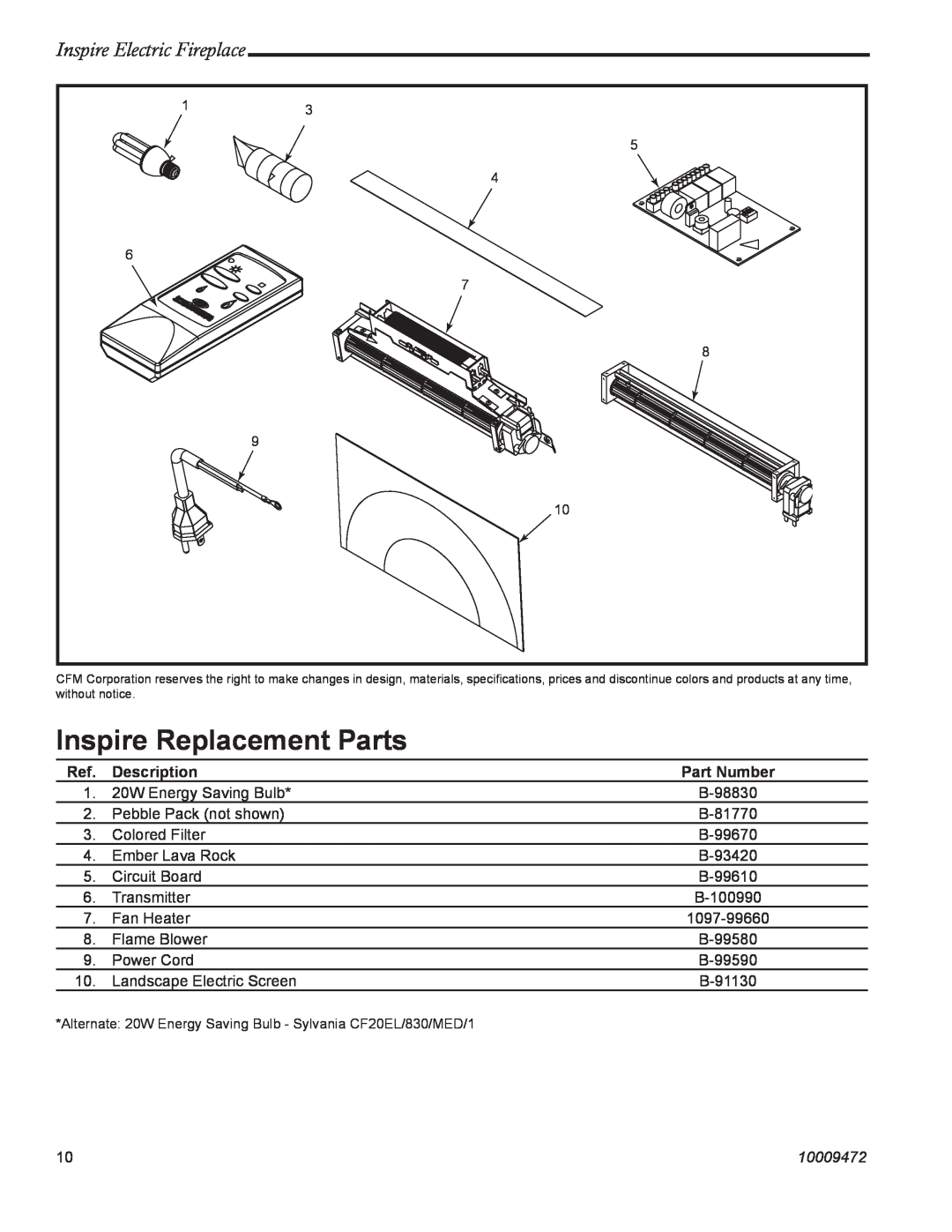 Vermont Casting ICVCTK02 manual Inspire Replacement Parts, Inspire Electric Fireplace, Description, Part Number, 10009472 