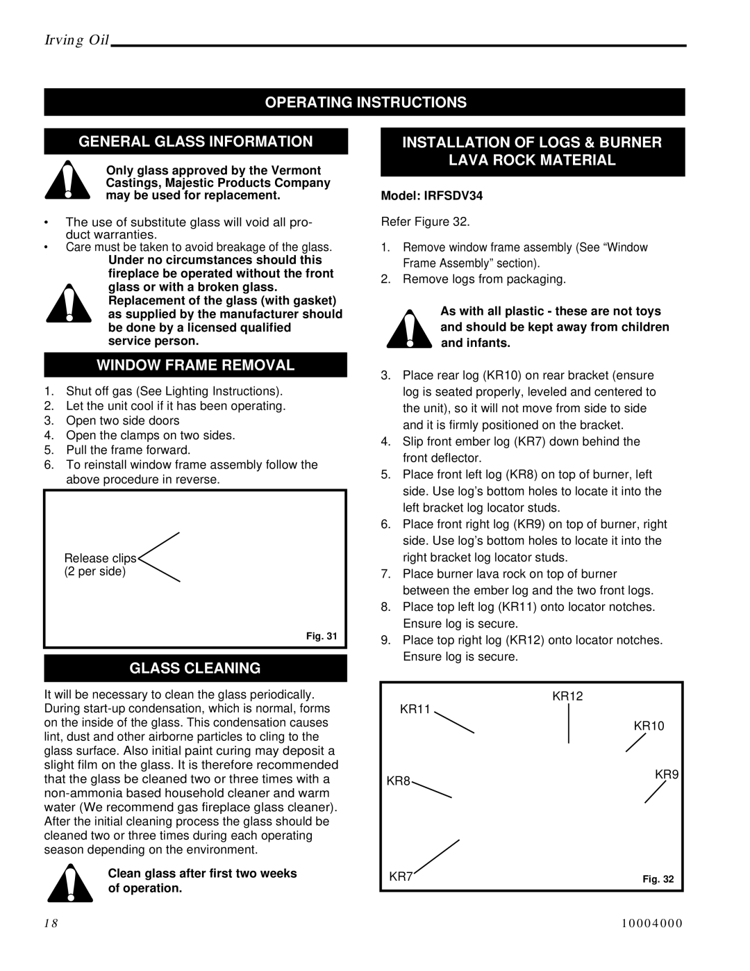 Vermont Casting IRFSDV34 Operating Instructions General Glass Information, Window Frame Removal, Glass Cleaning, KR7 