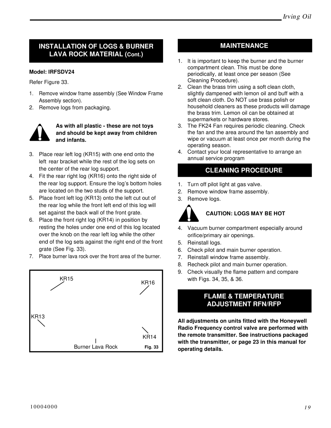 Vermont Casting IRFSDV34 Installation of Logs & Burner, Maintenance, Cleaning Procedure, Model IRFSDV24 