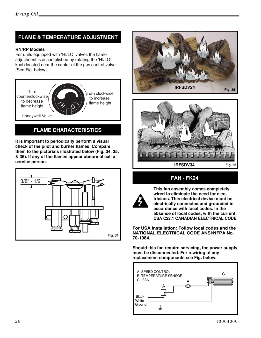 Vermont Casting Flame & Temperature Adjustment, Flame Characteristics, RN/RP Models, IRFSDV24 IRFSDV34 