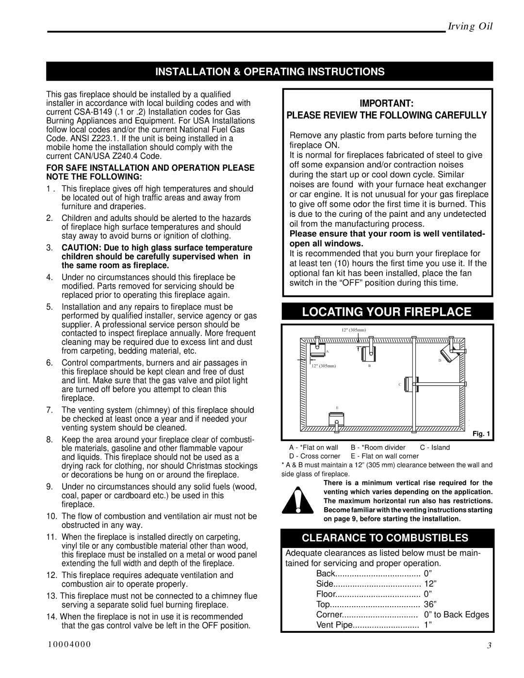 Vermont Casting IRFSDV24 Locating Your Fireplace, Installation & Operating Instructions, Clearance to Combustibles 