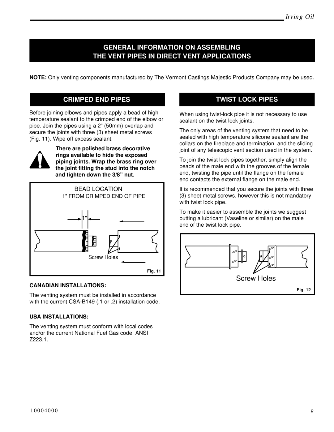 Vermont Casting IRFSDV24, IRFSDV34 installation instructions Canadian Installations, USA Installations 