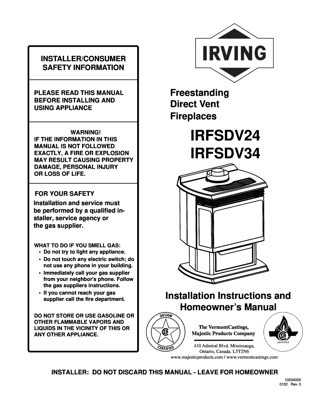 Vermont Casting installation instructions IRFSDV24 IRFSDV34, Freestanding Direct Vent Fireplaces 