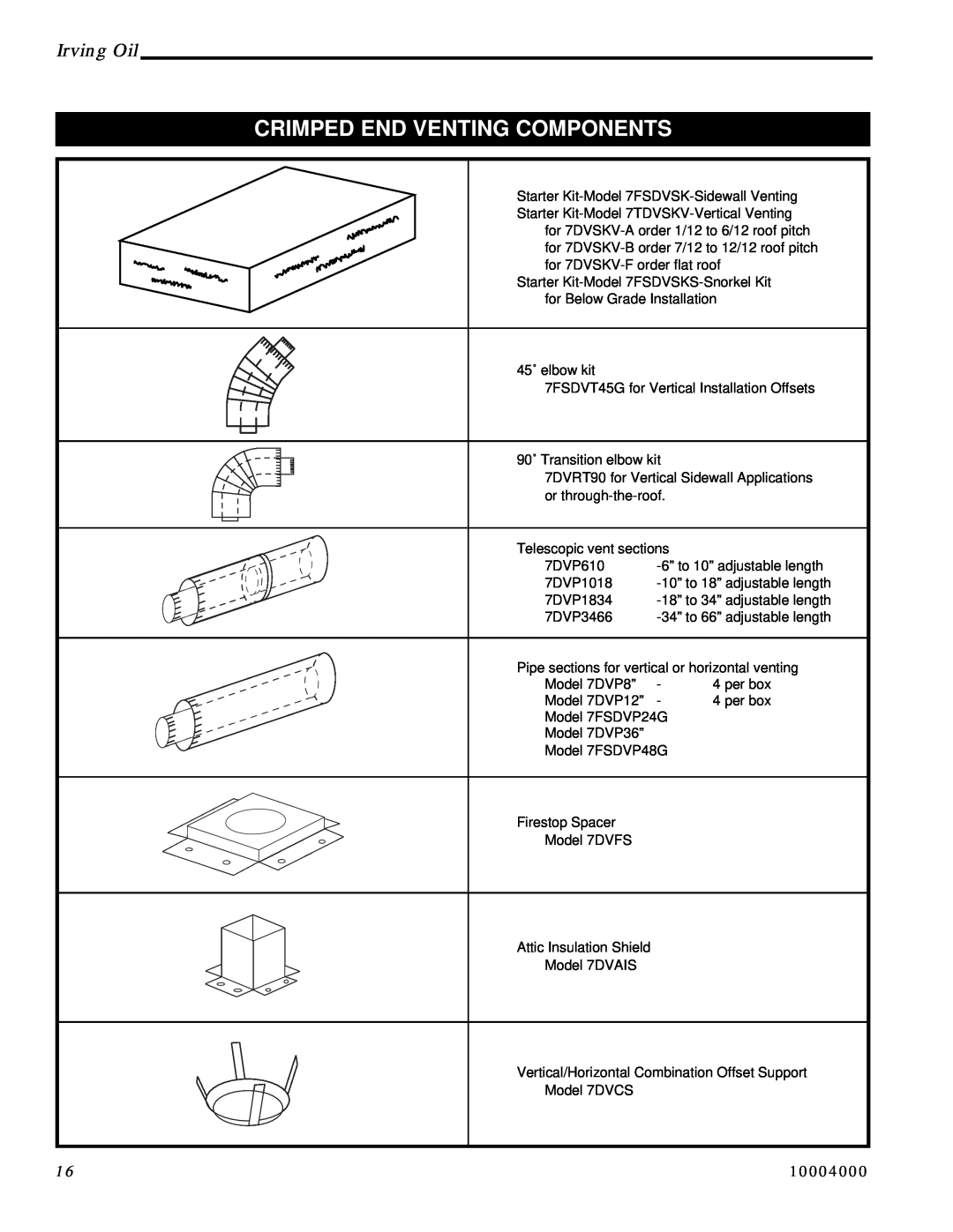 Vermont Casting IRFSDV34, IRFSDV24 installation instructions Crimped End Venting Components, Irving Oil, 10004000 