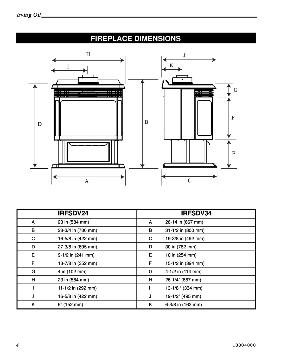 Vermont Casting IRFSDV34 installation instructions IRFSDV24, Fireplace Dimensions, Irving Oil, 10004000 