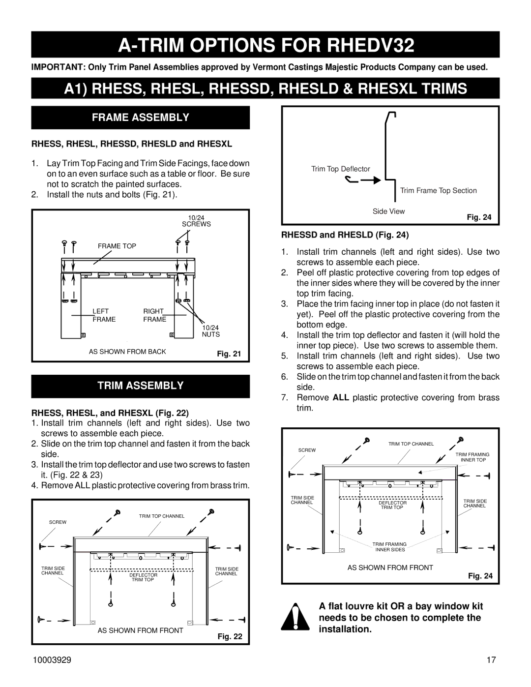 Vermont Casting IRHEDV32 installation instructions Frame Assembly, Trim Assembly 