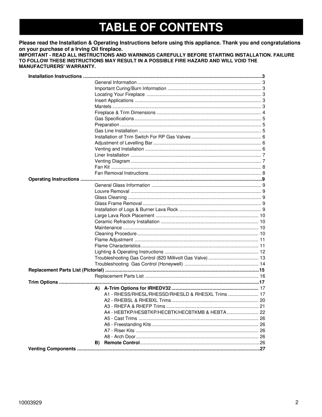 Vermont Casting IRHEDV32 installation instructions Table of Contents 