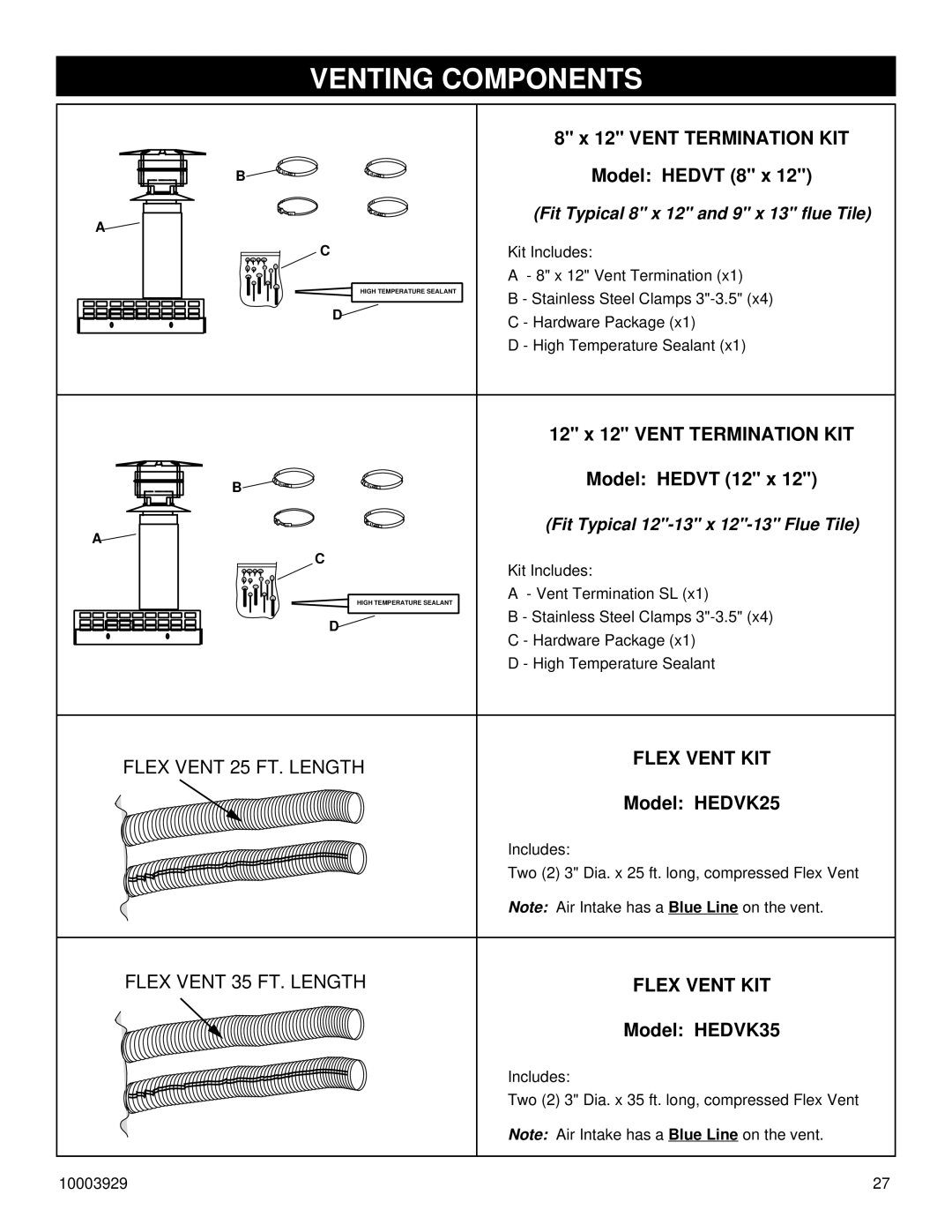 Vermont Casting IRHEDV32 installation instructions Venting Components, Vent Termination KIT Model Hedvt 8 x 