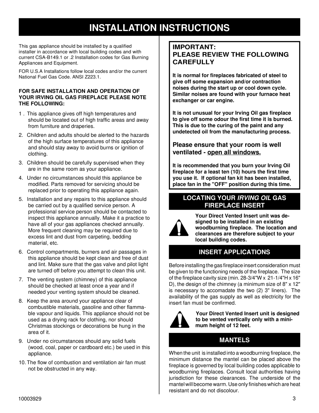 Vermont Casting IRHEDV32 Installation Instructions, Locating Your Irving OIL GAS Fireplace Insert, Insert Applications 