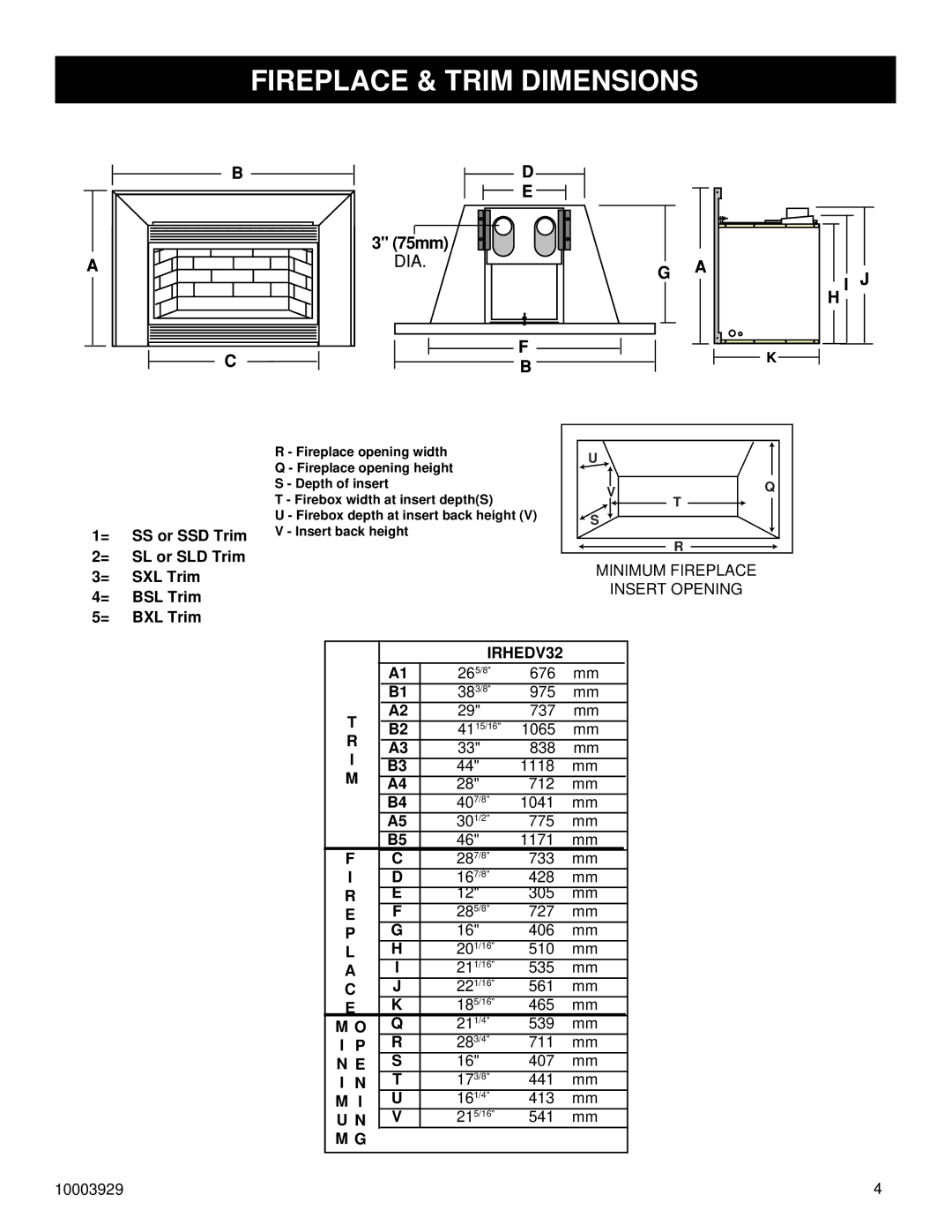 Vermont Casting IRHEDV32 installation instructions Fireplace & Trim Dimensions 