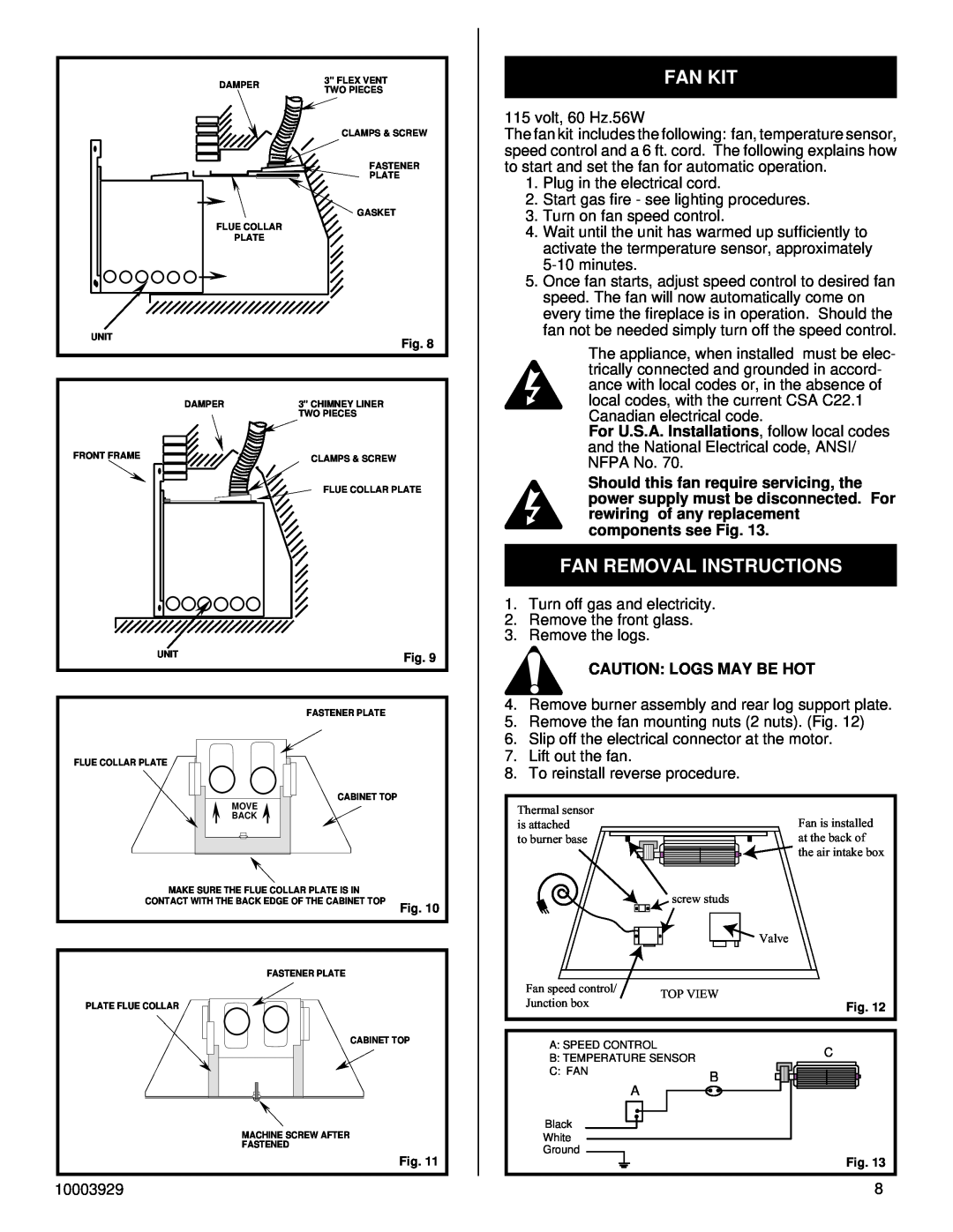 Vermont Casting IRHEDV32 installation instructions Fan Kit, Fan Removal Instructions, Caution Logs May Be Hot 