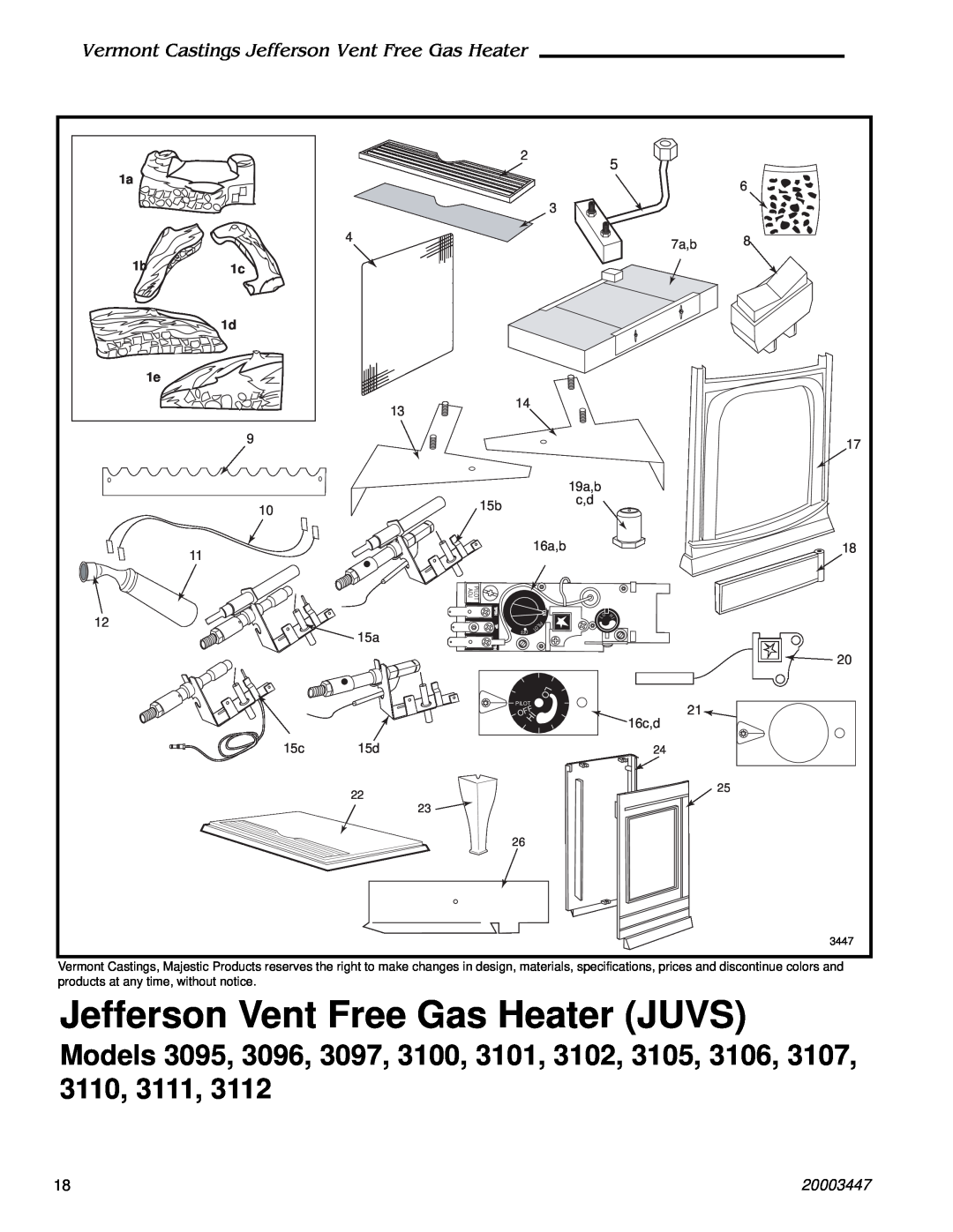 Vermont Casting JUVSR 3096, JUVSM 3096 Jefferson Vent Free Gas Heater JUVS, 20003447, 7a,b, 19a,b, 16a,b, 16c,d 