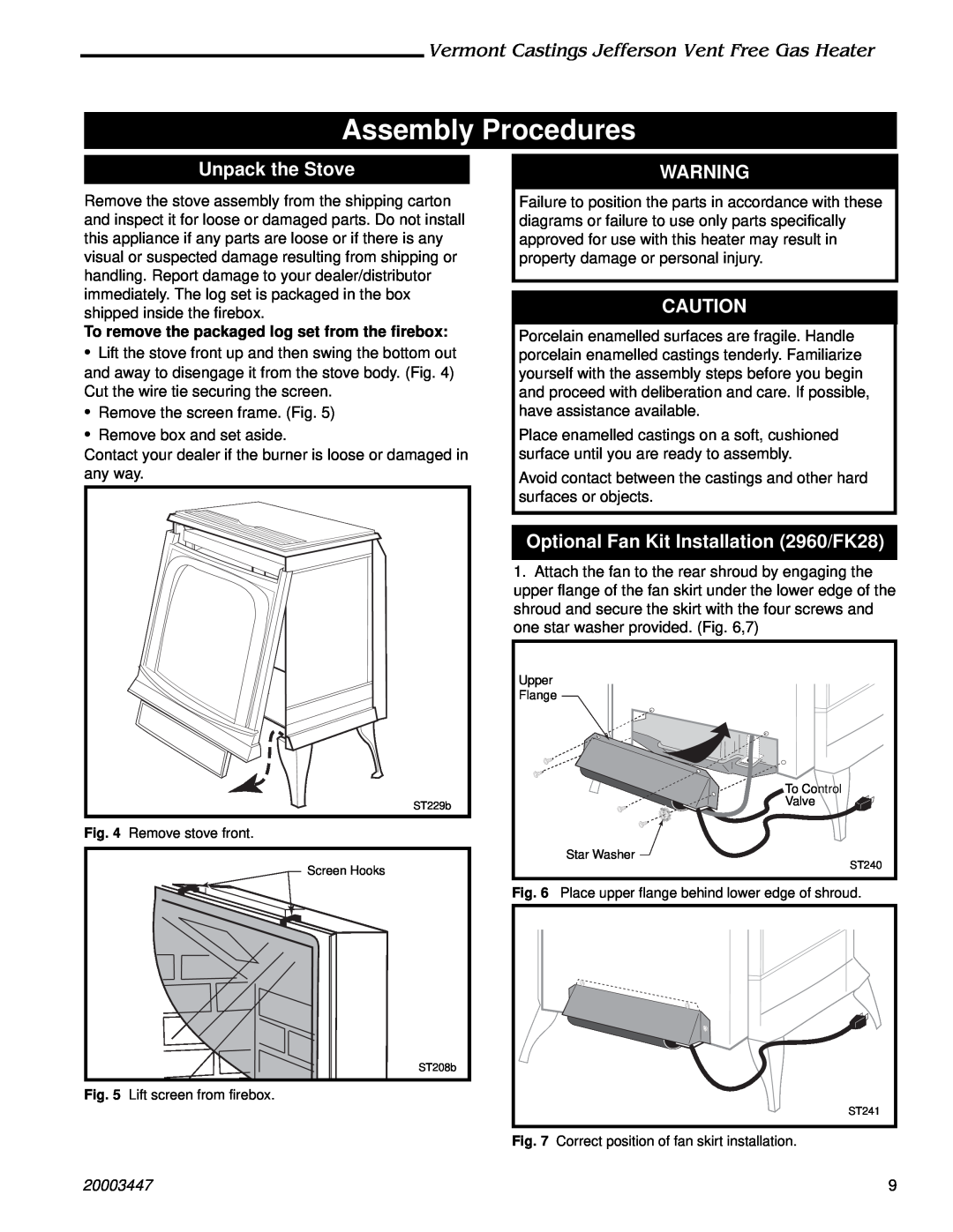 Vermont Casting JUVSR 3096, JUVSM 3096 Assembly Procedures, Unpack the Stove, Optional Fan Kit Installation 2960/FK28 