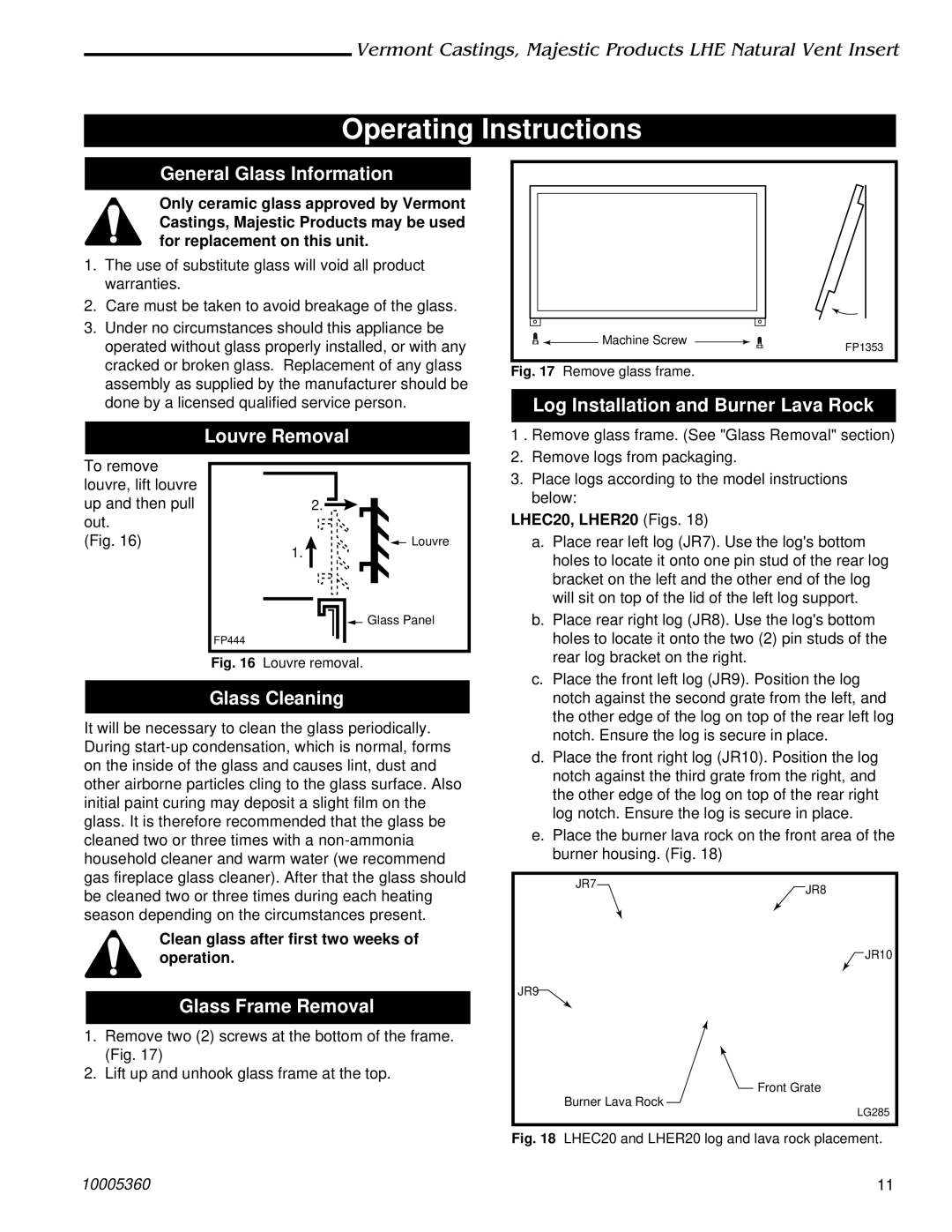 Vermont Casting LHEC30, LHEC20 installation instructions Operating Instructions 